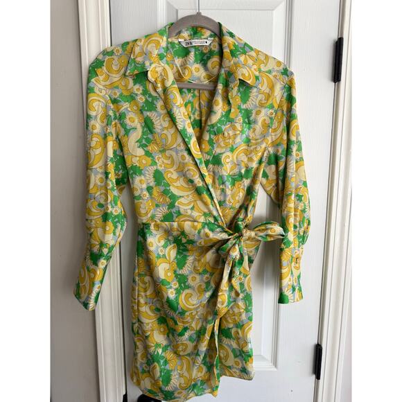Zara Yellow Green Floral Paisley Print Silky Wrap Shirt Dress size XS - Picture 7 of 11